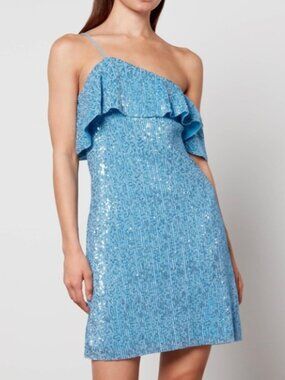 Stine Goya Kenza Bold Blue Sequin Mini Dress One Shoulder Stretch Size Medium